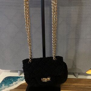 Black Faux Fur Crossbody Bag with Gold Chain Strap